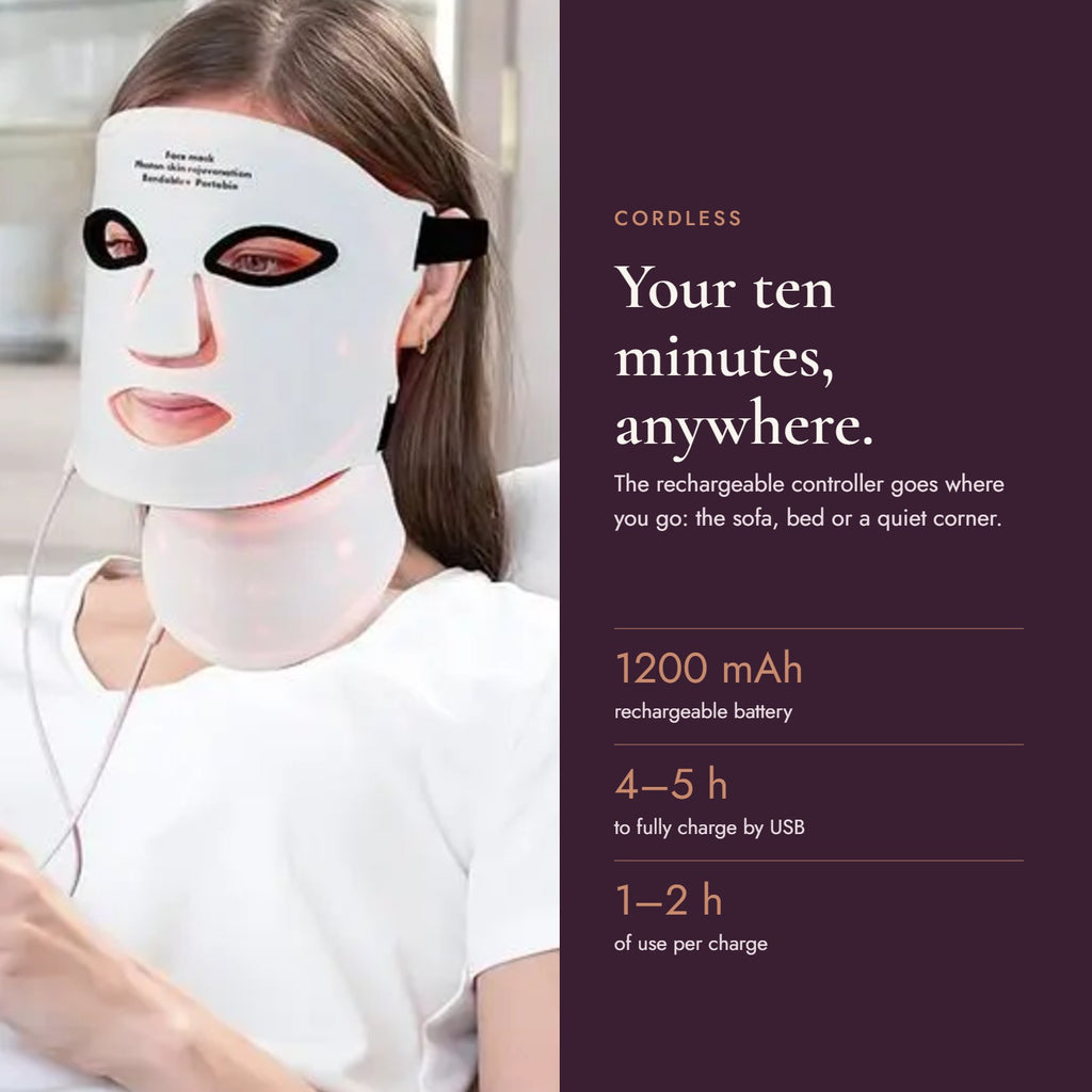 Woman relaxing on the sofa wearing the cordless Lumhour LED mask
