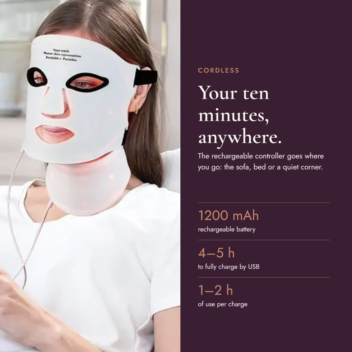 Woman relaxing on the sofa wearing the cordless Lumhour LED mask