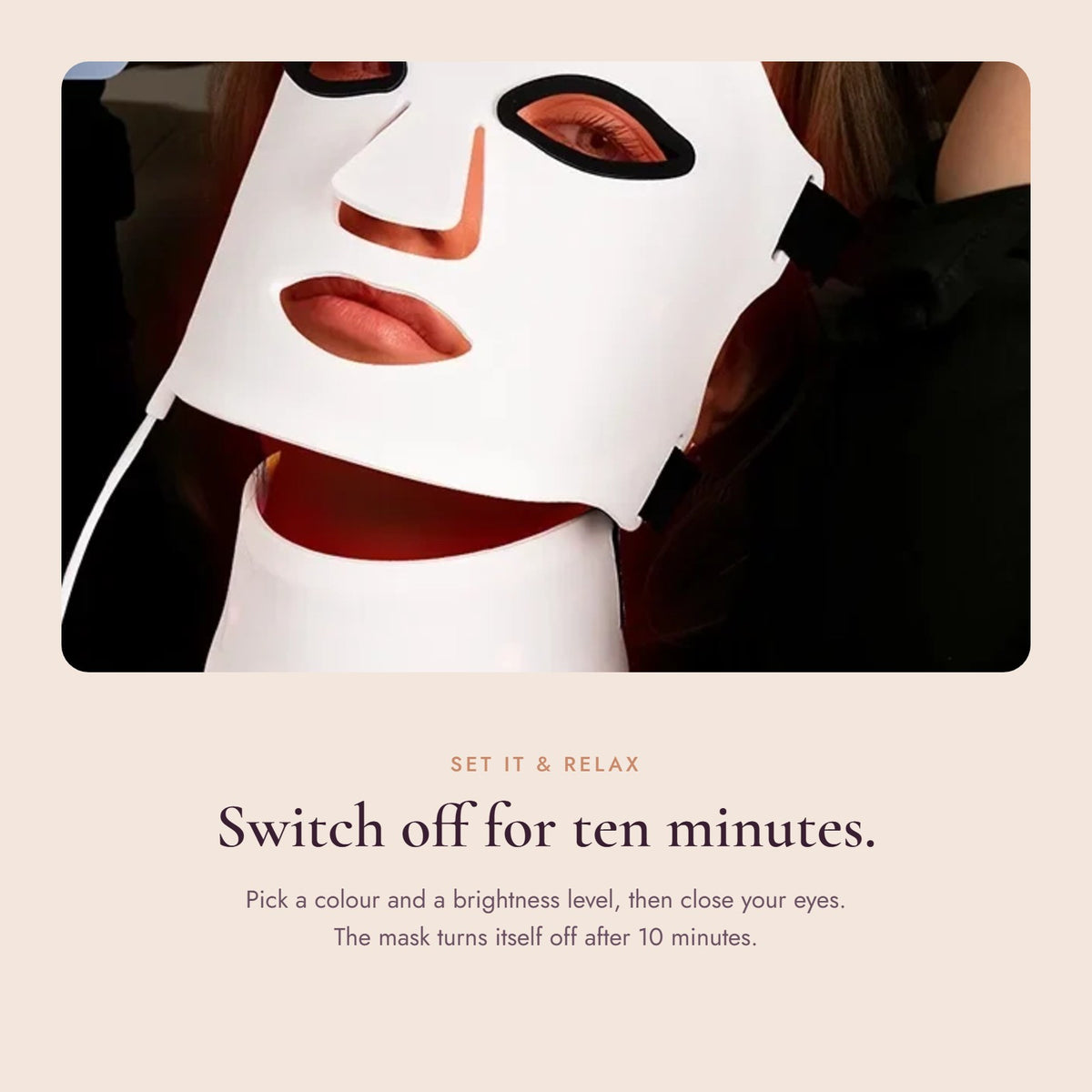 Lumhour LED mask in use with the 10-minute timer